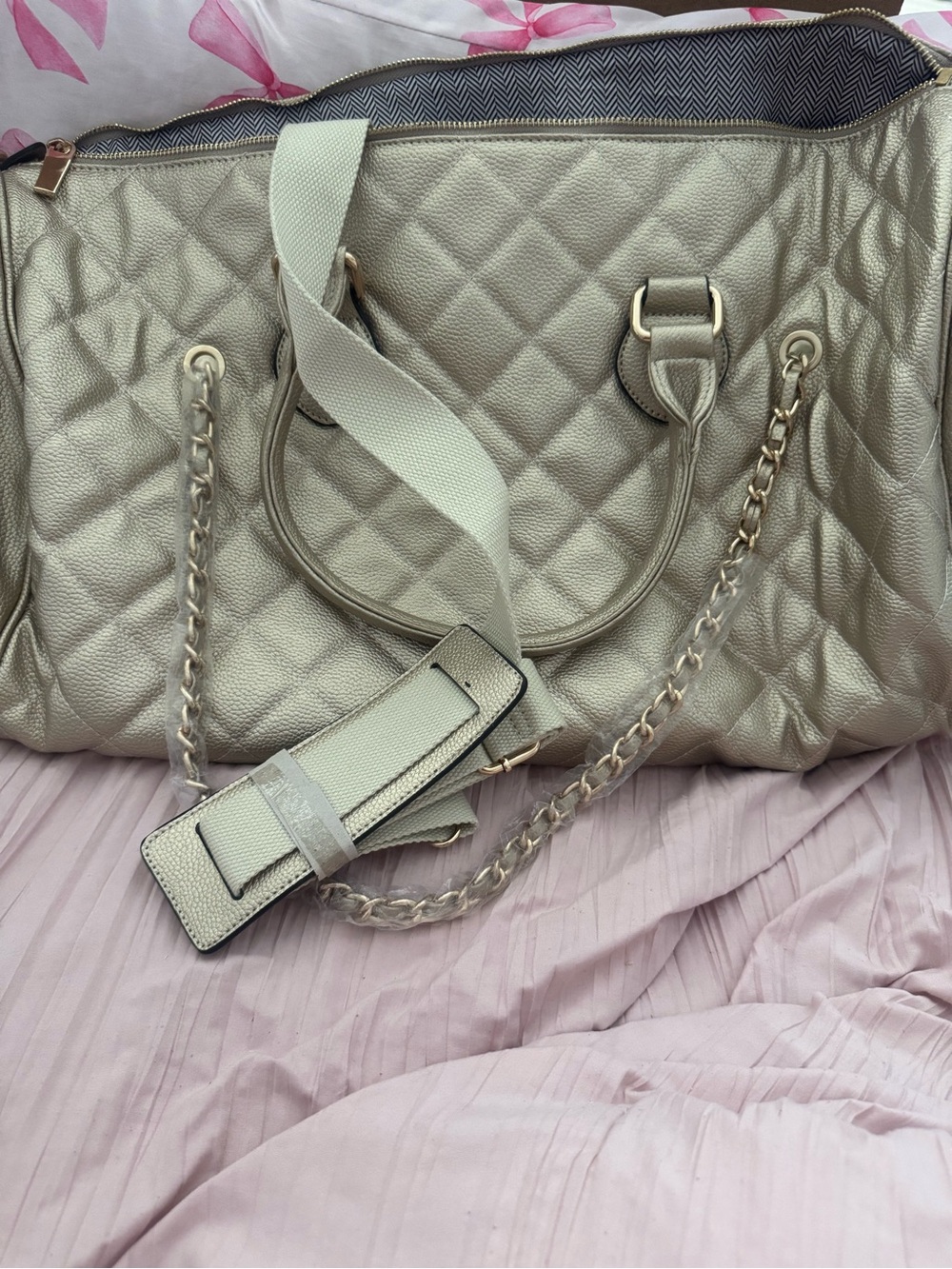 Quilted Metallic gold Tote Bag with Chain Strap - Gold